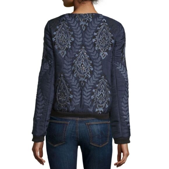 Parker Navy Blue silk Embroidered/beaded Women's bomber jacket , L - Picture 2 of 12